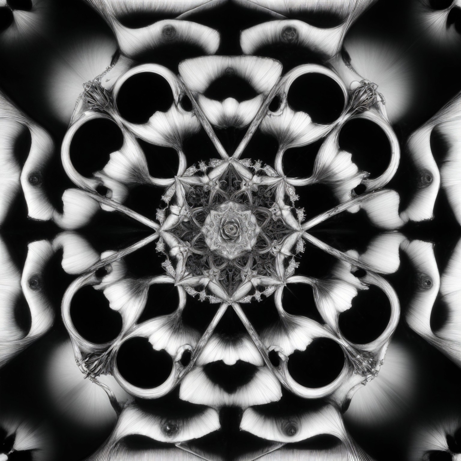 Black and White Kaleidoscopic Floral Pattern Design