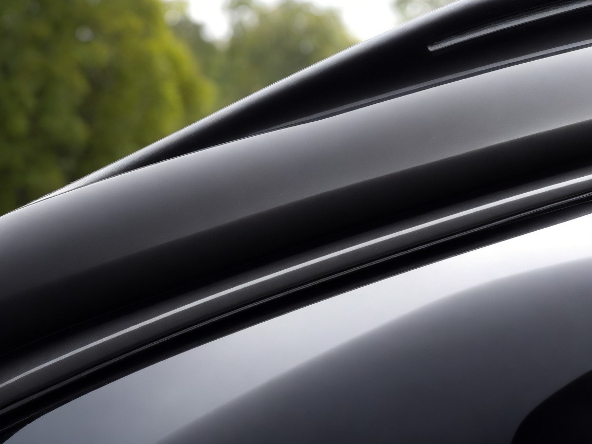 Close-up of a sleek black car's roofline and window frame