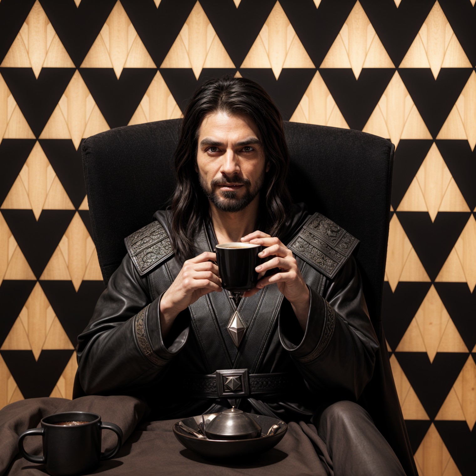 Man in ornate robe seated in black armchair with cup