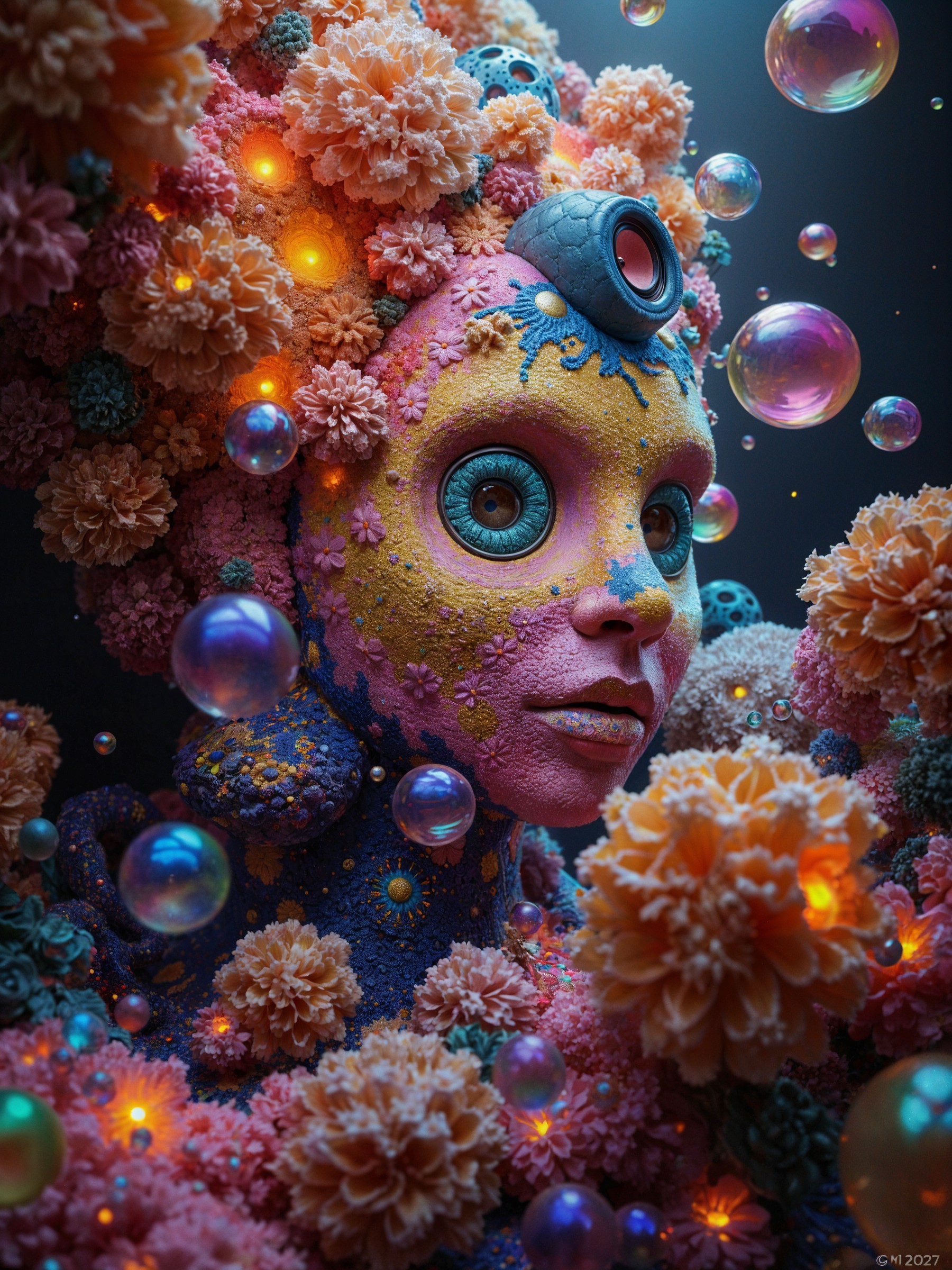 Surreal Figure in Colorful Flower Landscape