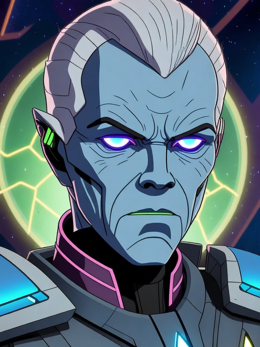 Blue-Skinned Character in Futuristic Cosmic Setting