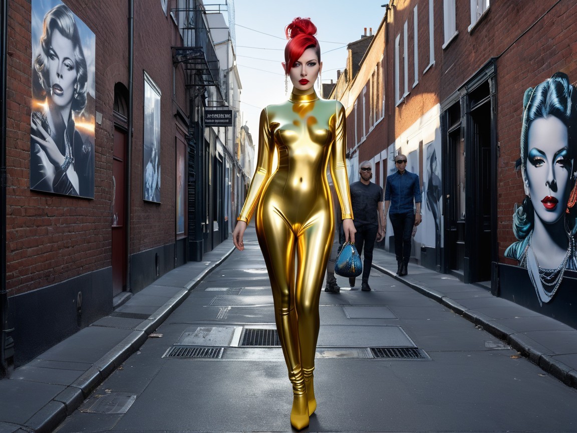 Attractive Woman in Gold Suit on Narrow Street Scene