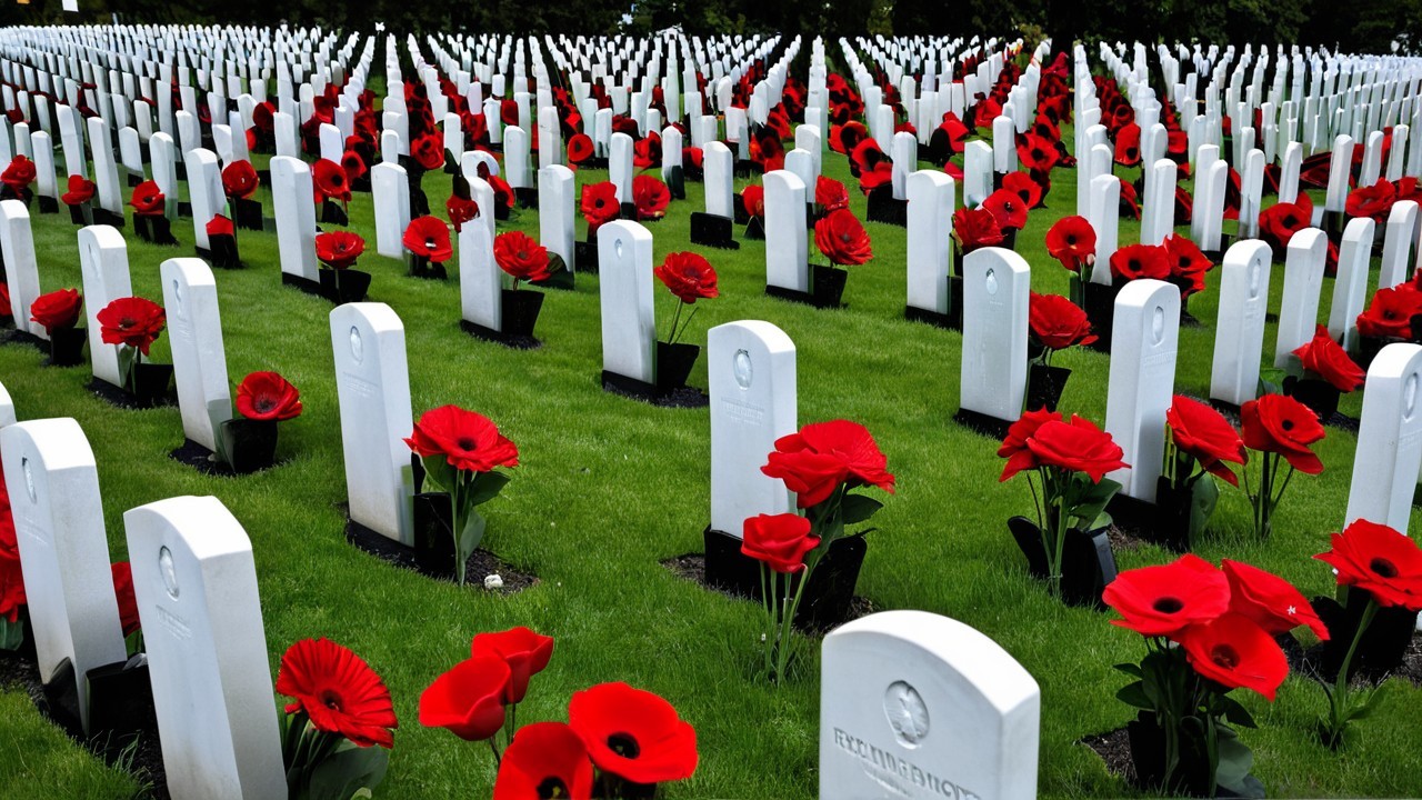 Cemetery Landscape with White Gravestones and Poppies