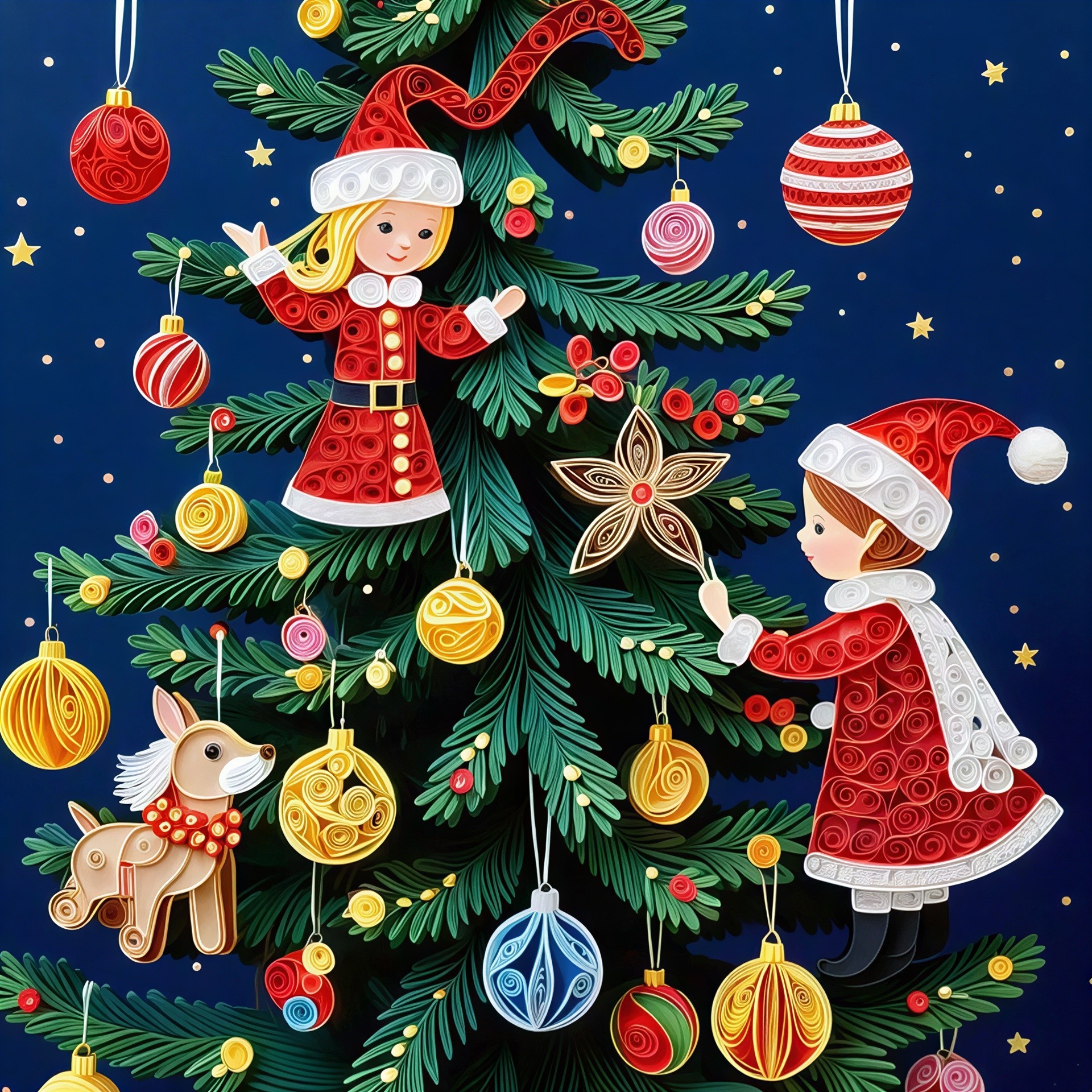 Quilled Paper Artwork of a Christmas Tree and Children