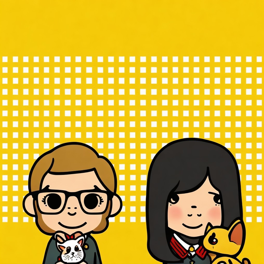 Cartoon Characters with Pets on Yellow Background