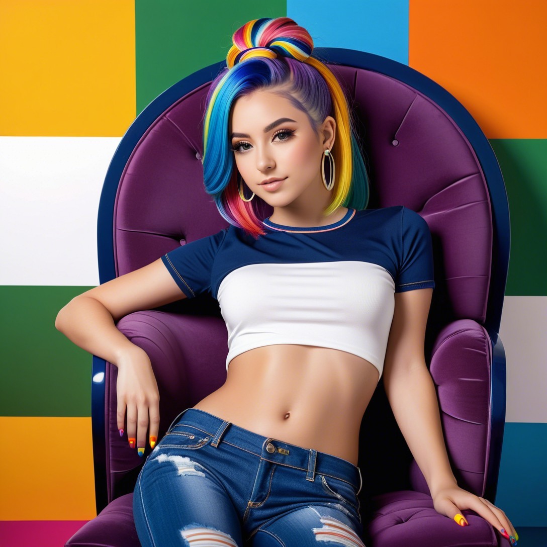 Young woman in purple armchair with rainbow hair