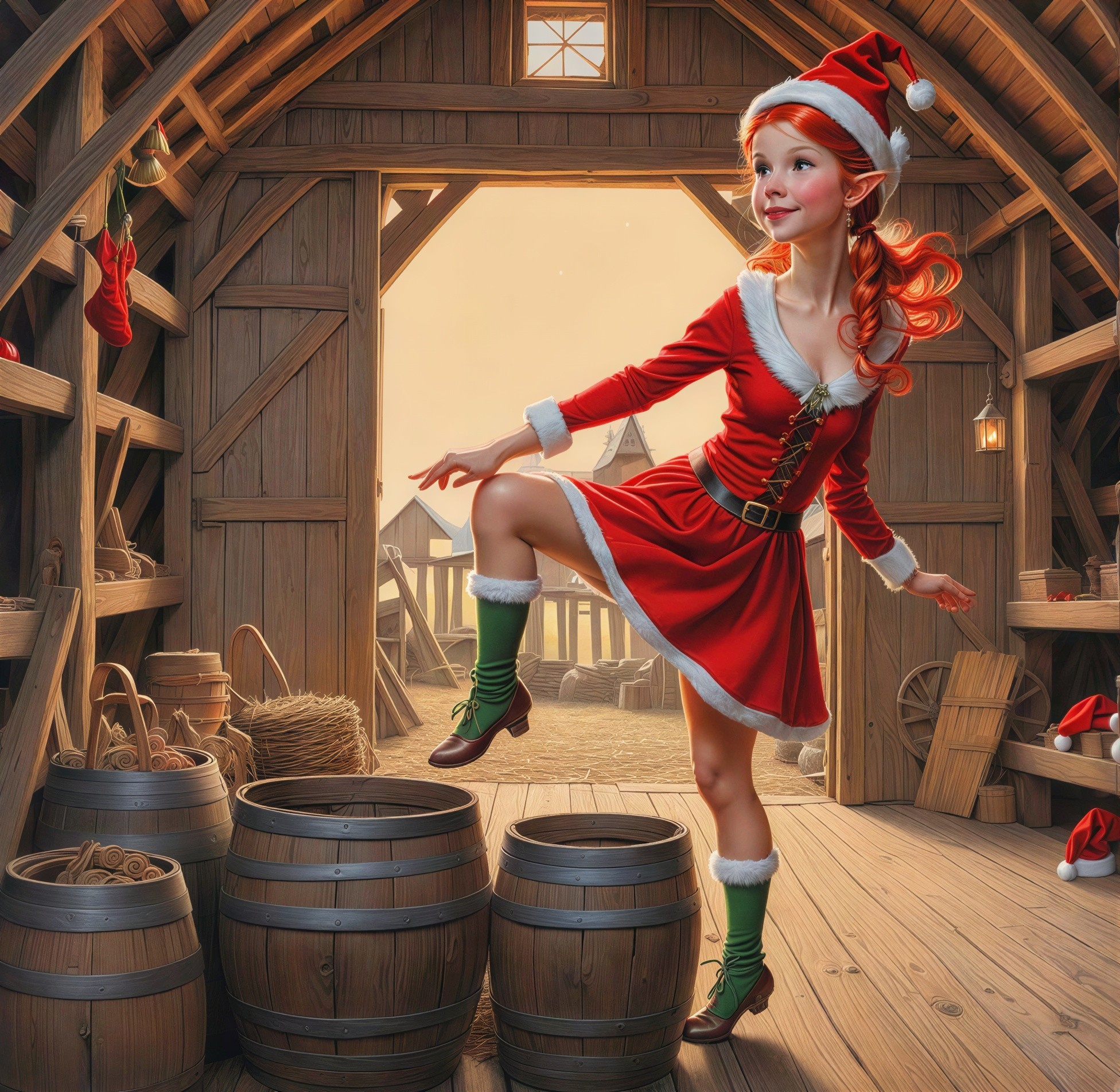 Young Elf in Festive Attire Inside Barn Structure