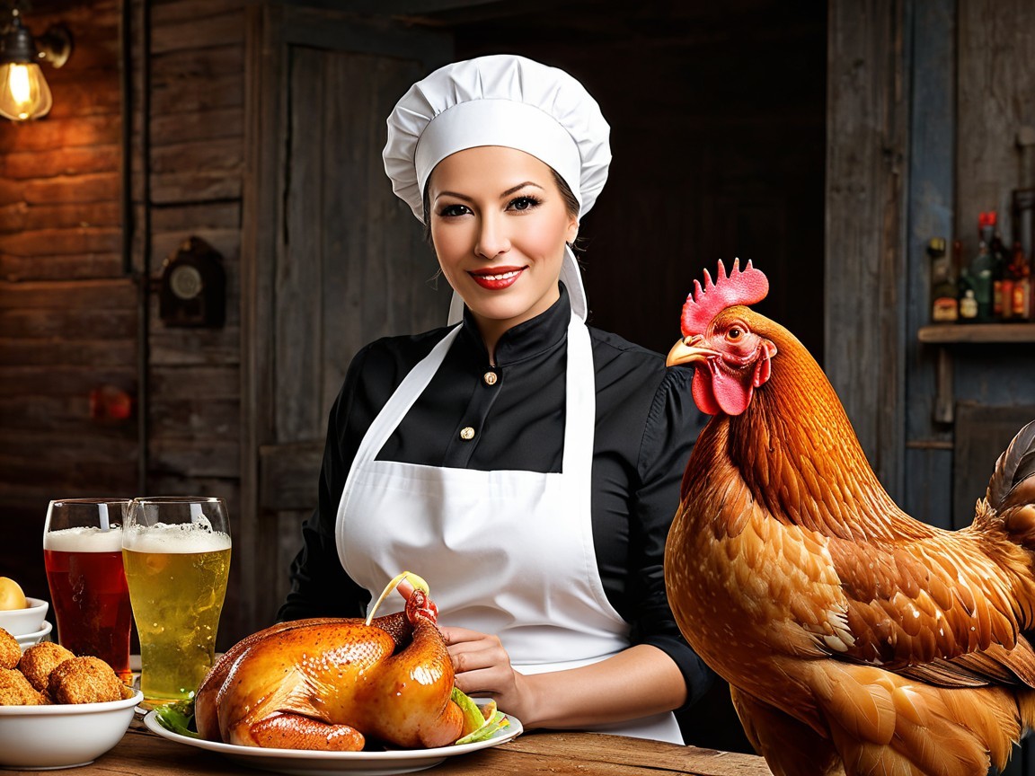 Smiling Chef in Rustic Kitchen with Roasted Turkey