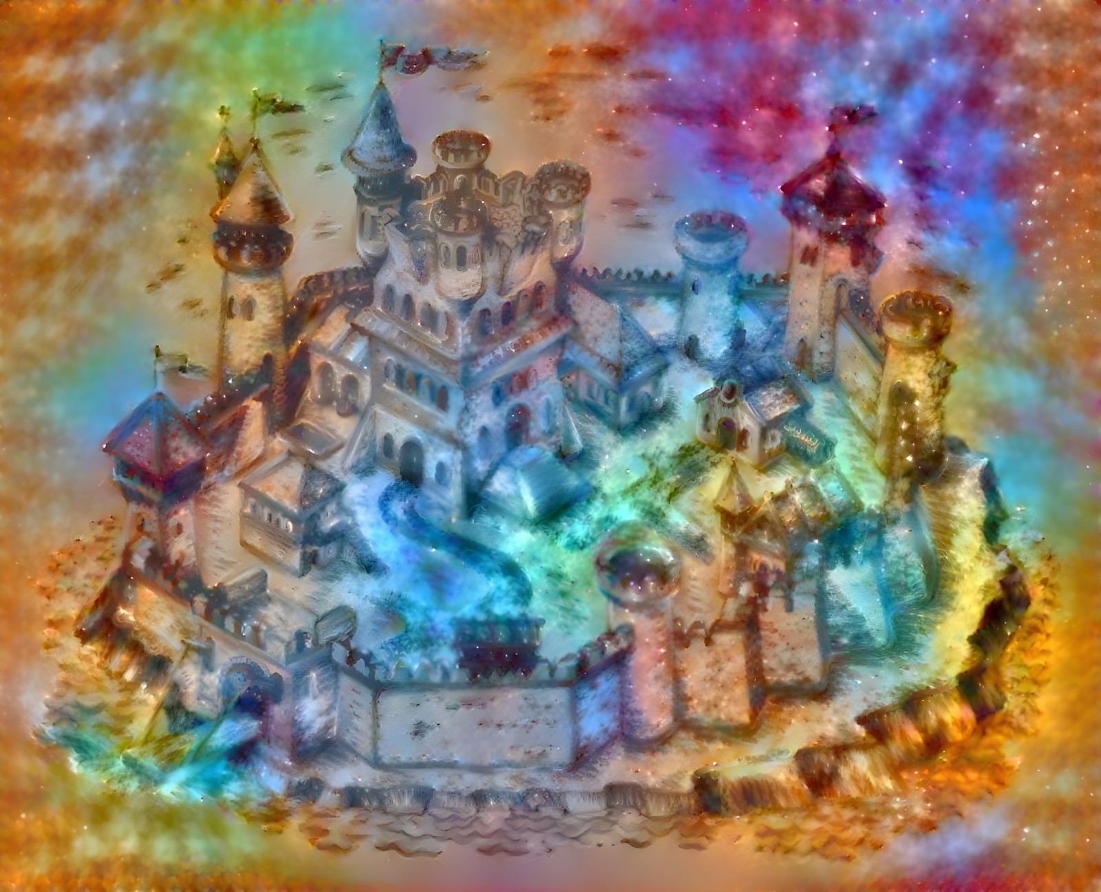 Detailed Castle on Rocky Island with Shimmering Waters