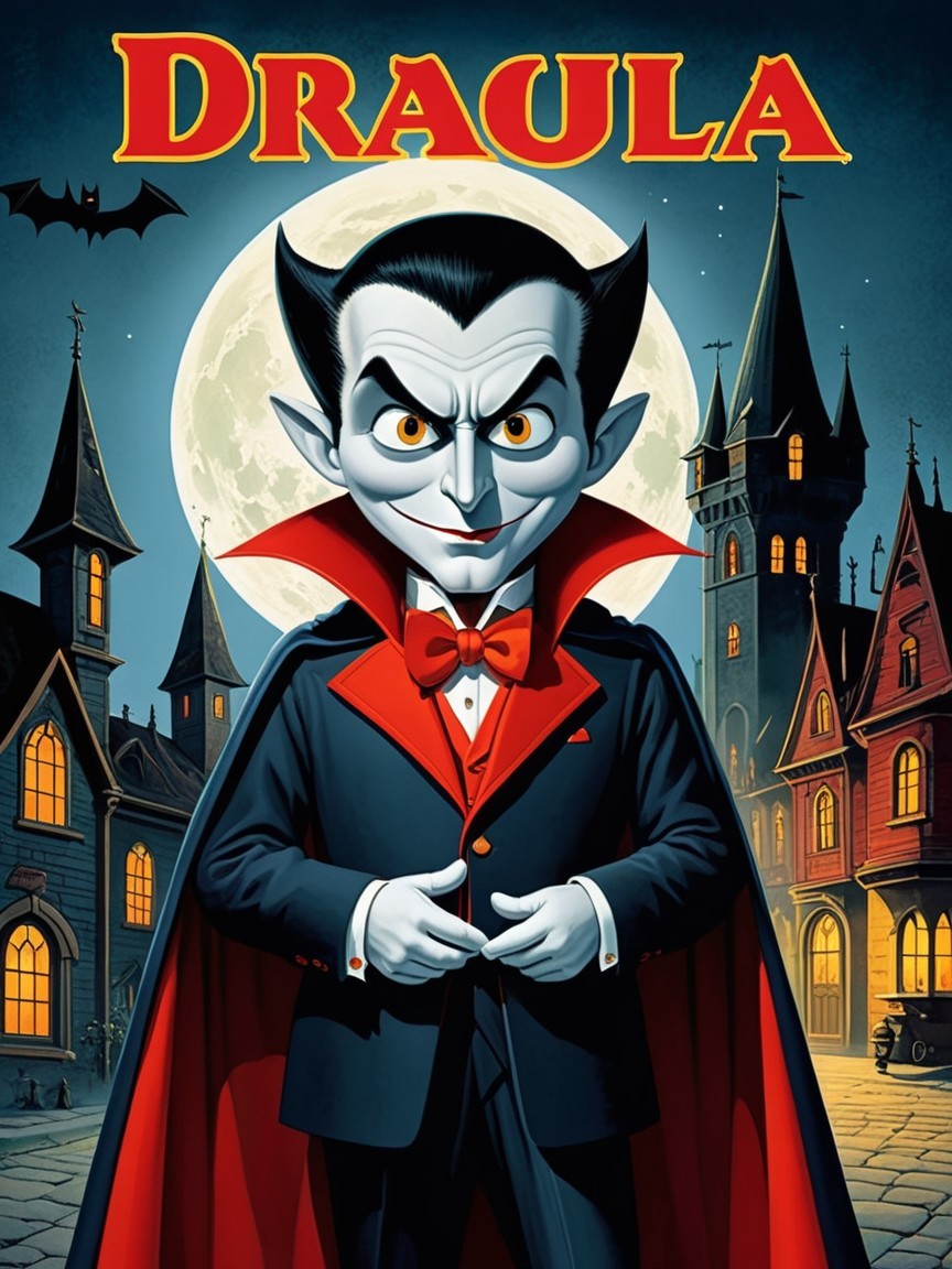 Cartoonish Dracula with Castle and Full Moon Background