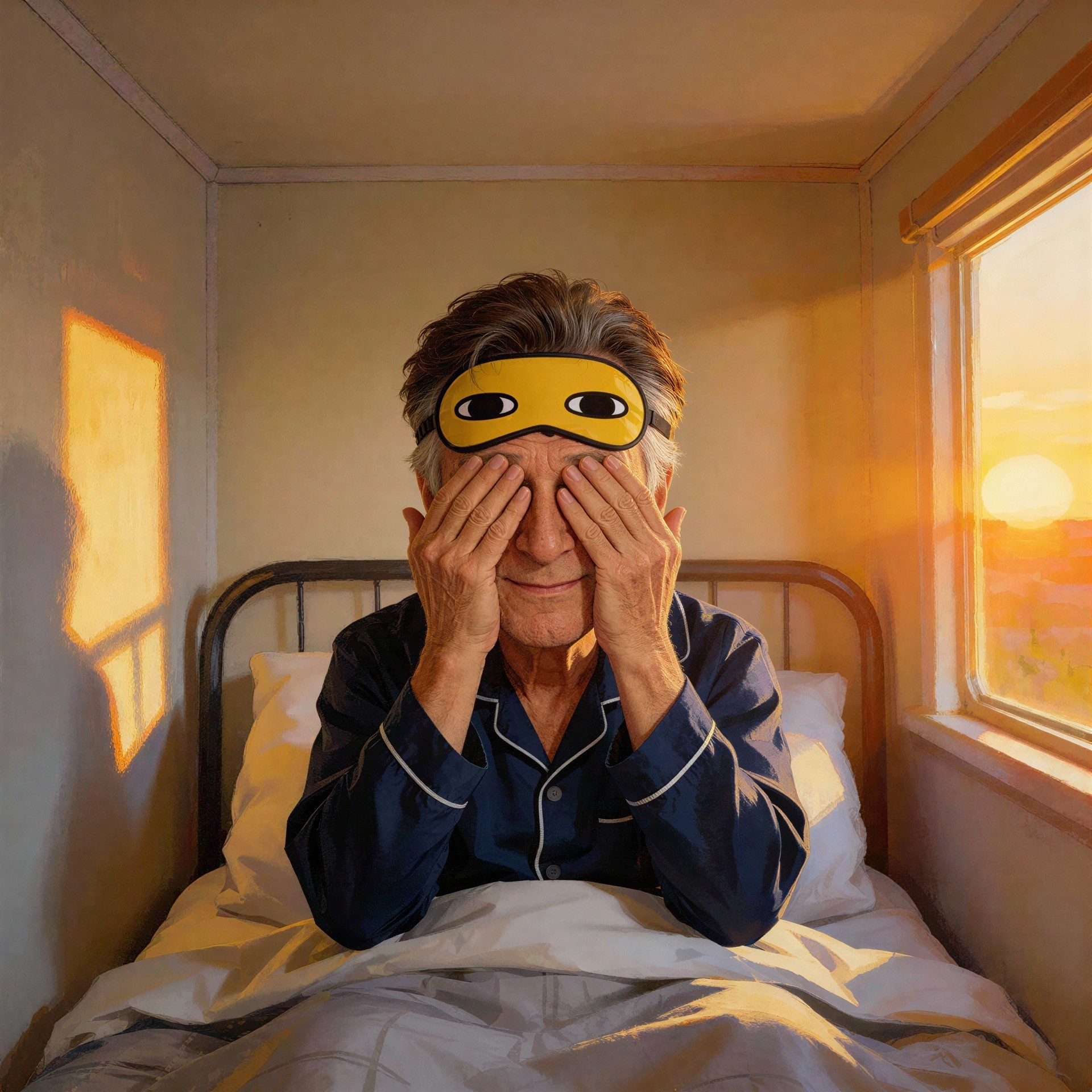 Elderly Man in Bed with Sunrise and Sleep Mask