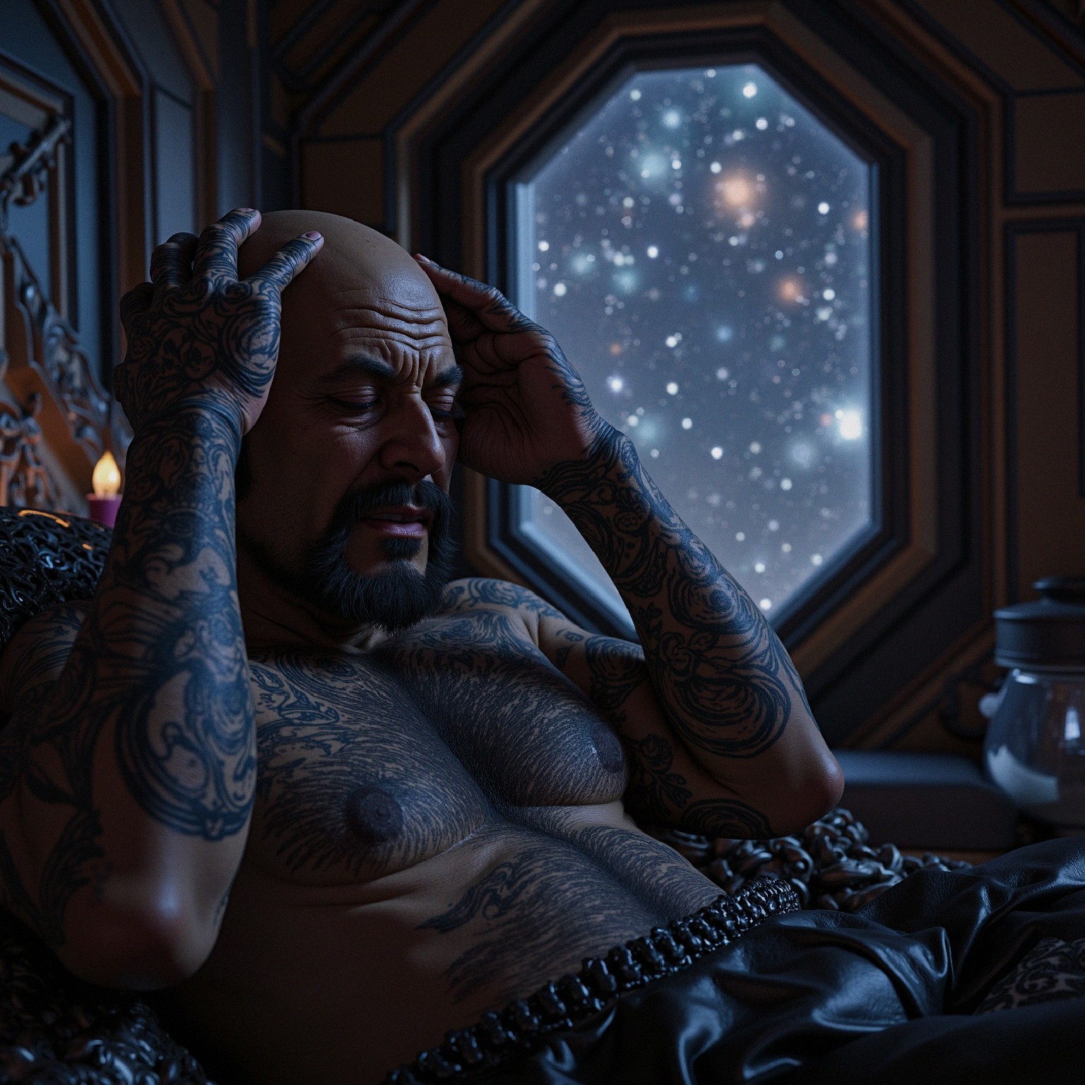 Tattooed Man in Dim Room with Starry Night View