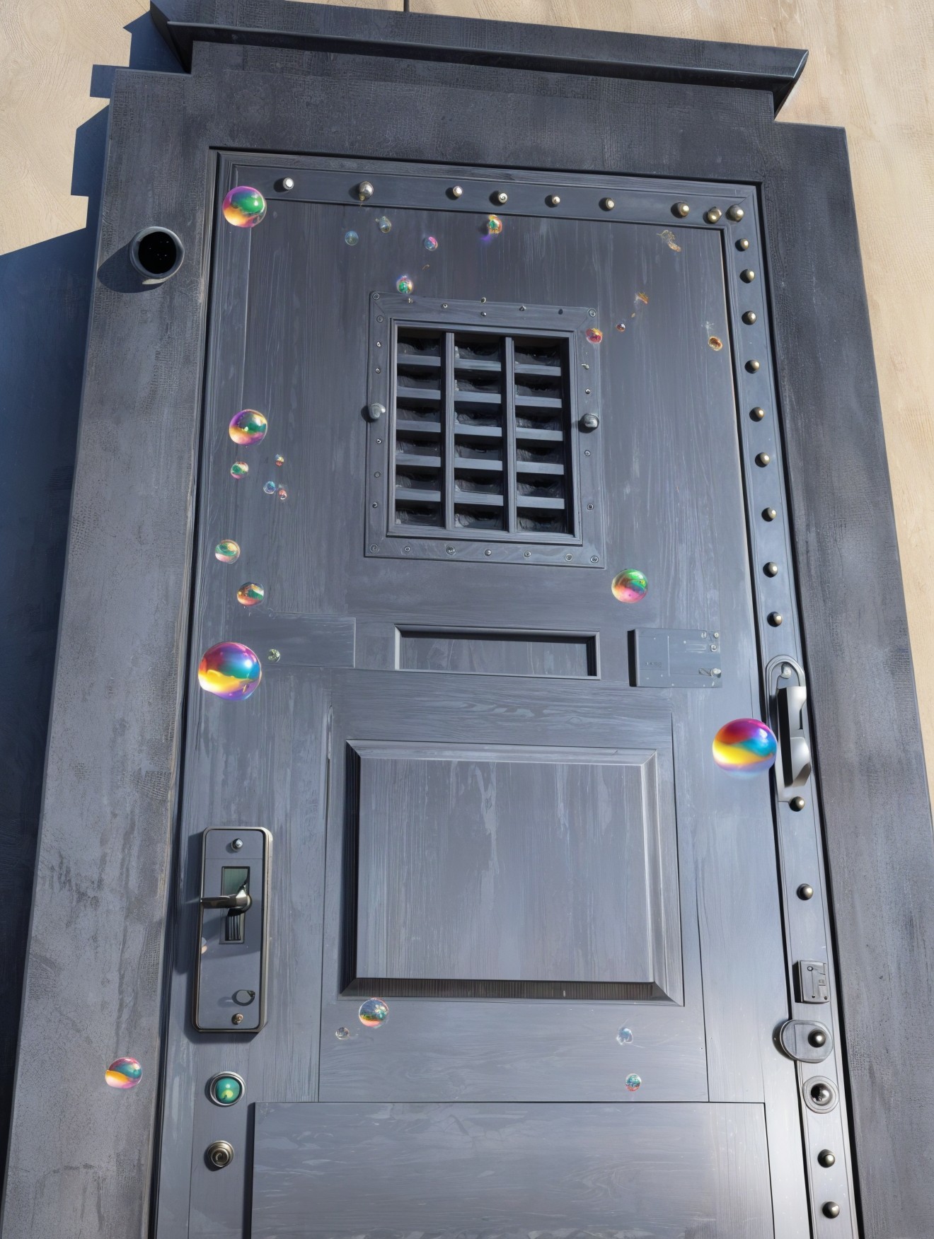 Large Gray Door with Decorative Metal Studs and Bubbles