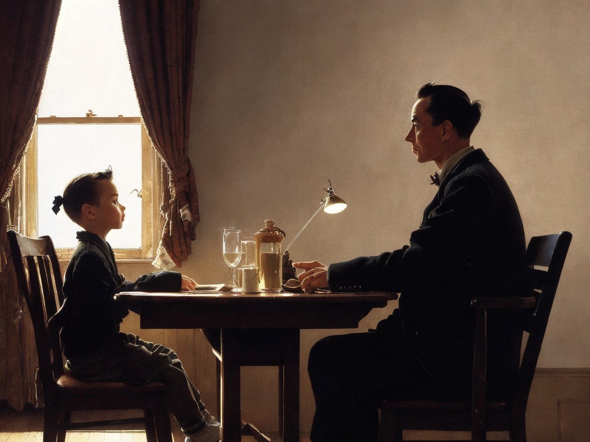 Serious Adult and Young Boy in Softly Lit Room