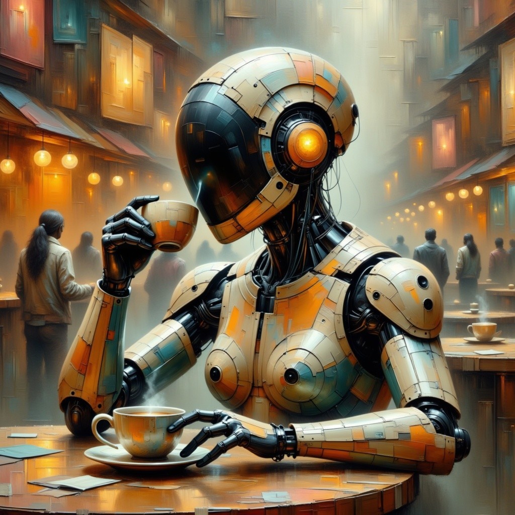 Humanoid Robot in Vibrant Market Street Scene