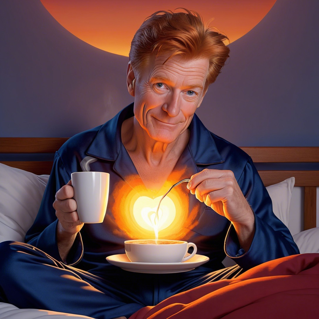 Ginger Man in Blue Pajamas Enjoying Coffee in Bed