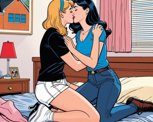 Animated Characters Sharing a Tender Kiss in Bedroom