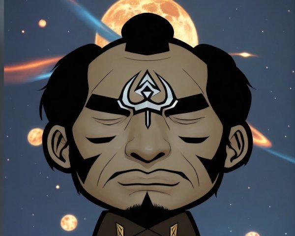 Cartoon Character with Tribal Markings in Cosmic Scene