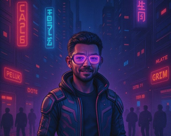 Young man in vibrant cyberpunk cityscape with neon signs