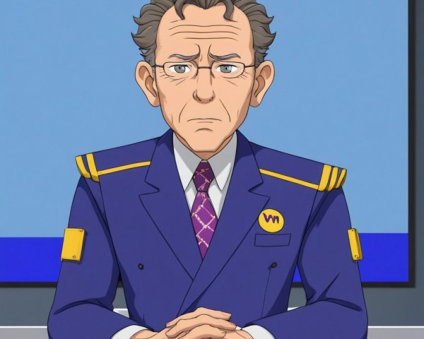 Animated Character in Blue Uniform at Desk