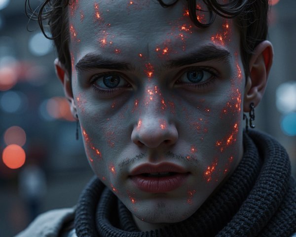Portrait of a Young Man with Glowing Red Patterns