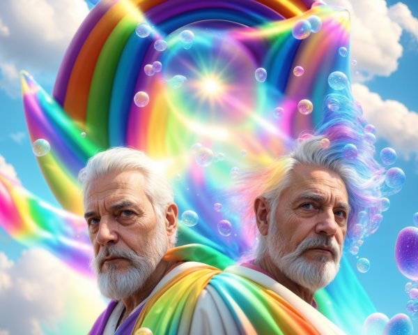 Elderly Men in Colorful Robes in Surreal Landscape