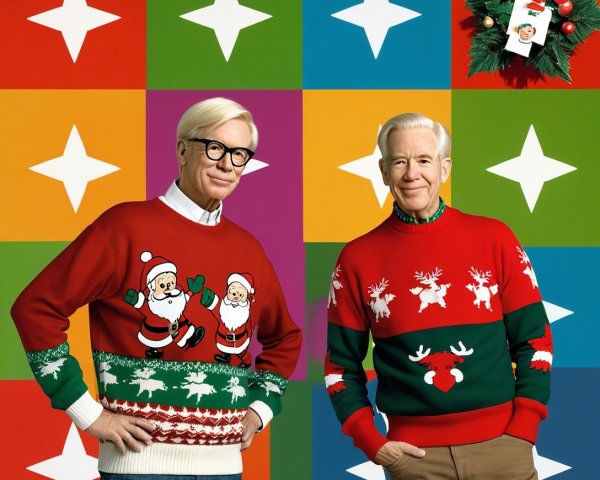 Older Men in Christmas Sweaters Against Colorful Background