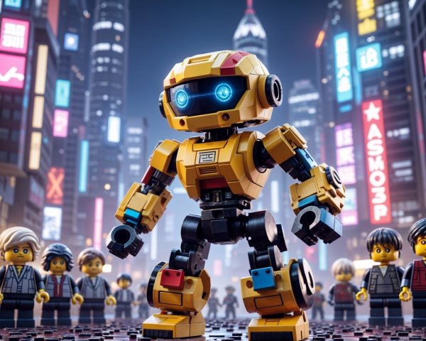 LEGO Robot in Vibrant Cyberpunk City Setting