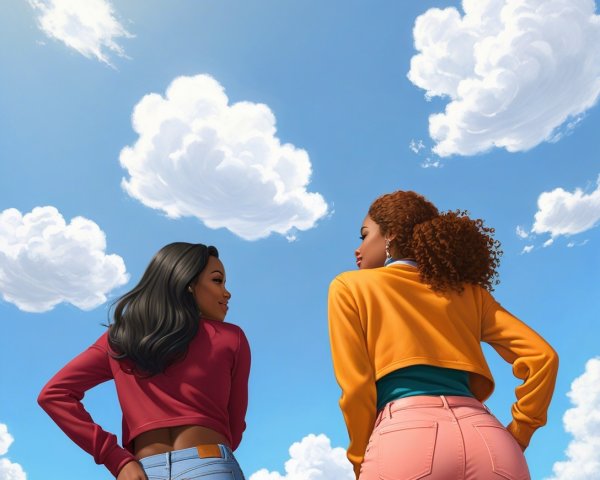 Young Women in Bright Sky with Casual Outfits