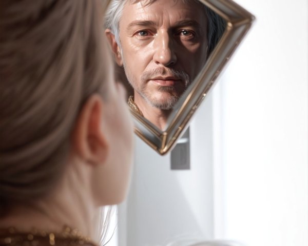 Woman and man reflected in diamond-shaped mirror