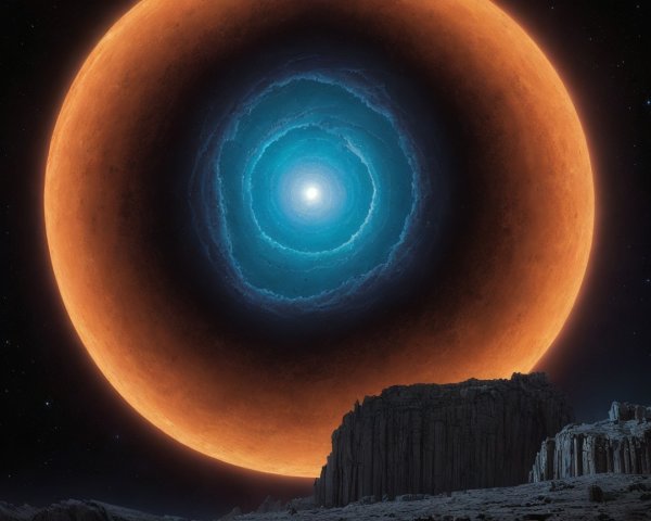 Surreal Landscape with Orange Moon and Blue Rings