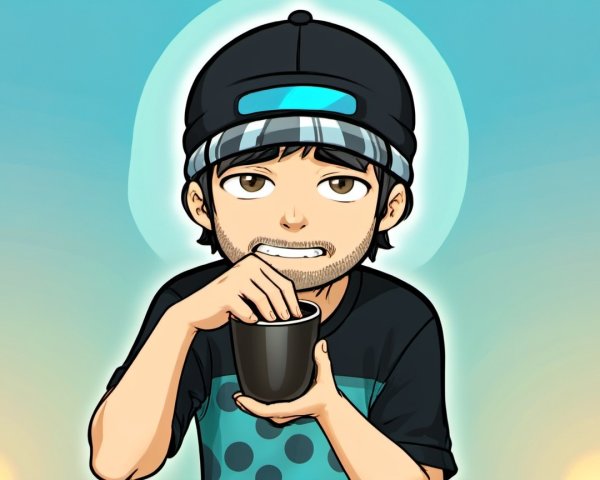 Young Male Character in Playful Attire with Drink