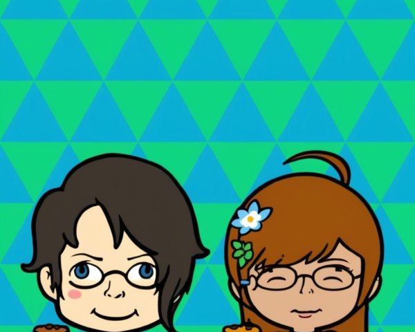 Anime Characters with Brown Hair and Blue Background Triangles