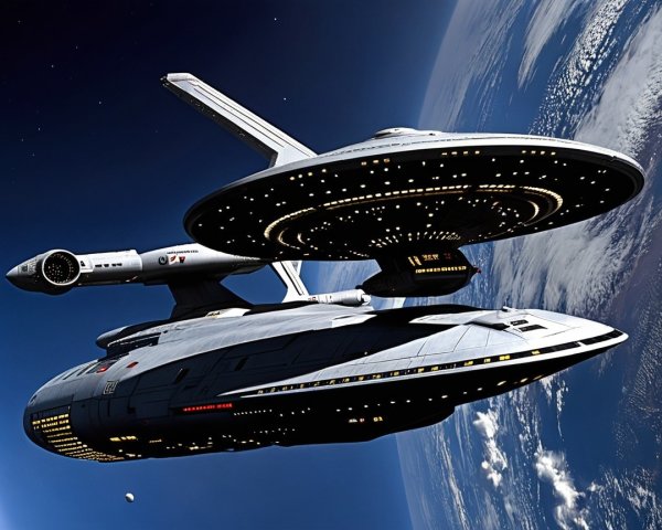 Futuristic spaceship orbiting a distant planet in space