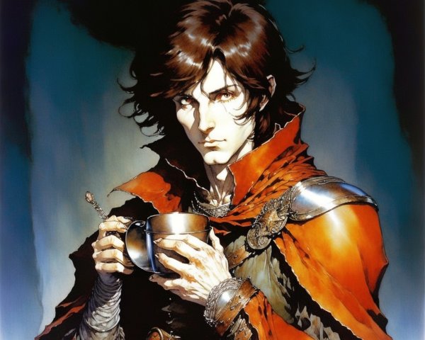Young man in red cloak and silver armor with cup
