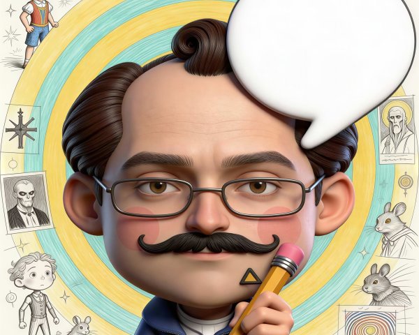 Cartoon of a Man Writing in a Book with Sketches