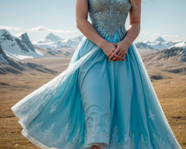 Young woman in blue dress with mountain backdrop
