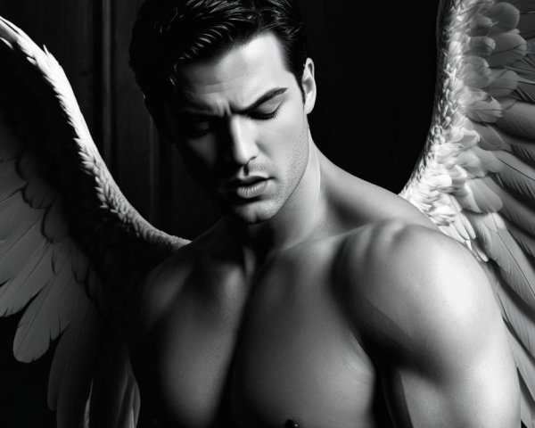 Monochromatic Portrait of a Muscular Man with Wings