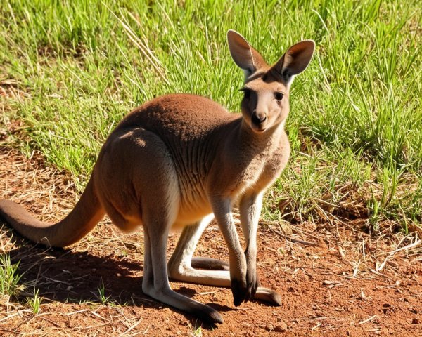Kangaroo on a dirt path in lush green grass