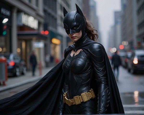 Heroic figure in black batsuit on urban street