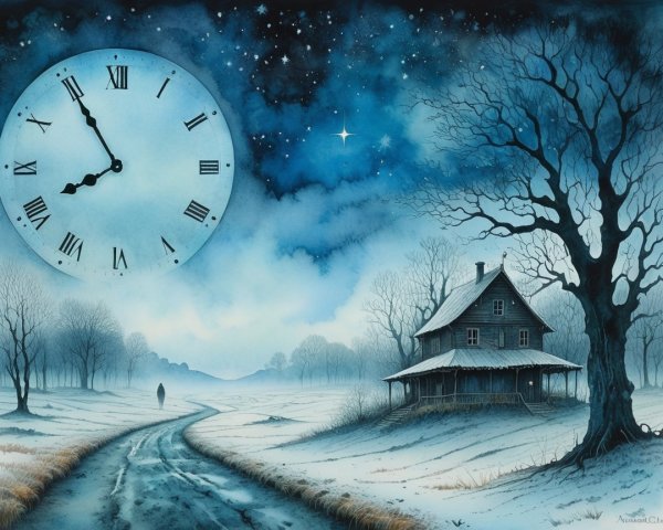 Watercolor of Winter Landscape with Antique Clock Face