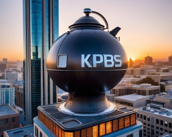 Rooftop Structure Resembling Kettle with City Skyline