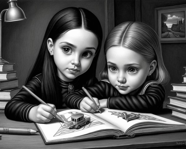 Young girls drawing in a book on a wooden desk