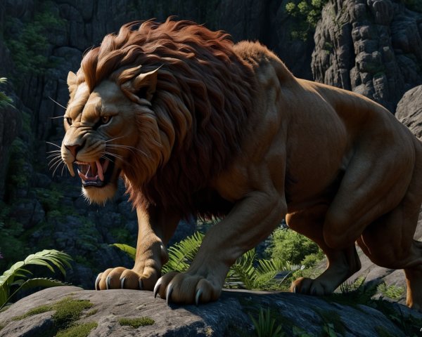 Majestic Lion in Rocky Landscape with Lush Foliage