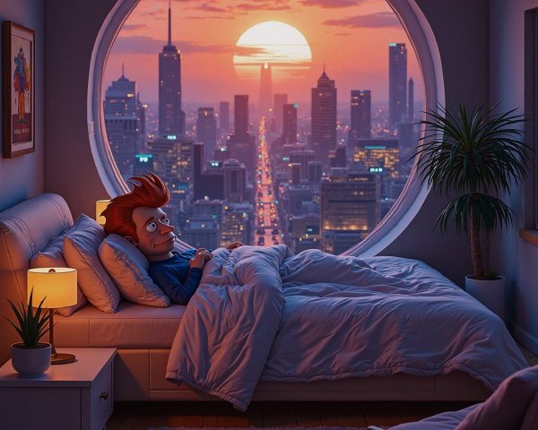Cartoon Character Relaxing by Sunset City Skyline