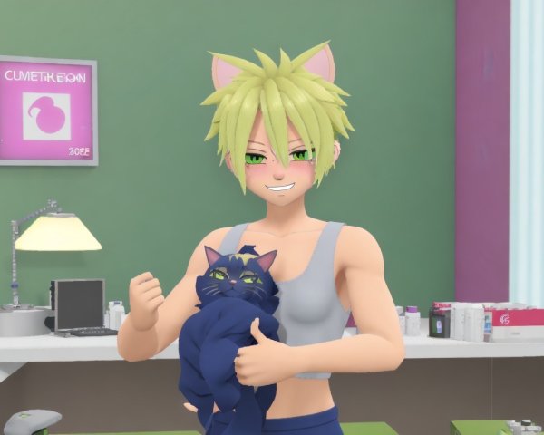 Cheerful character with cat ears and black cat in room