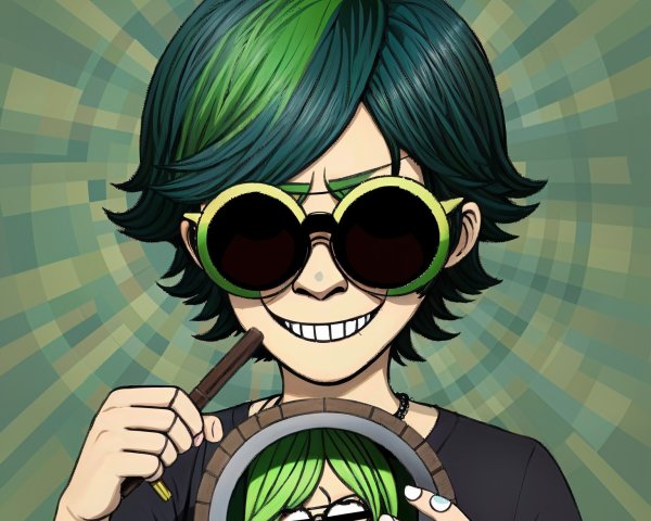 Vibrant Animated Character with Green and Black Hair