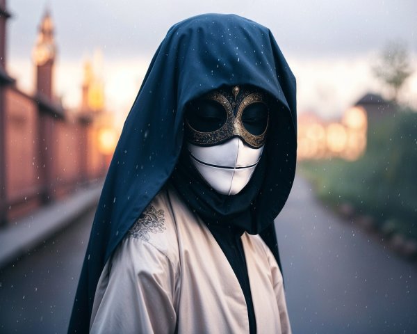 Mysterious Figure in Hooded Robe Against Urban Backdrop