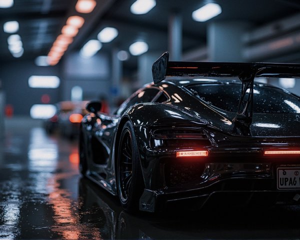 Sleek Black Sports Car in Dimly Lit Garage
