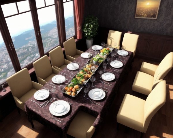 Lavish Dining Table Set with Gourmet Dishes and Views